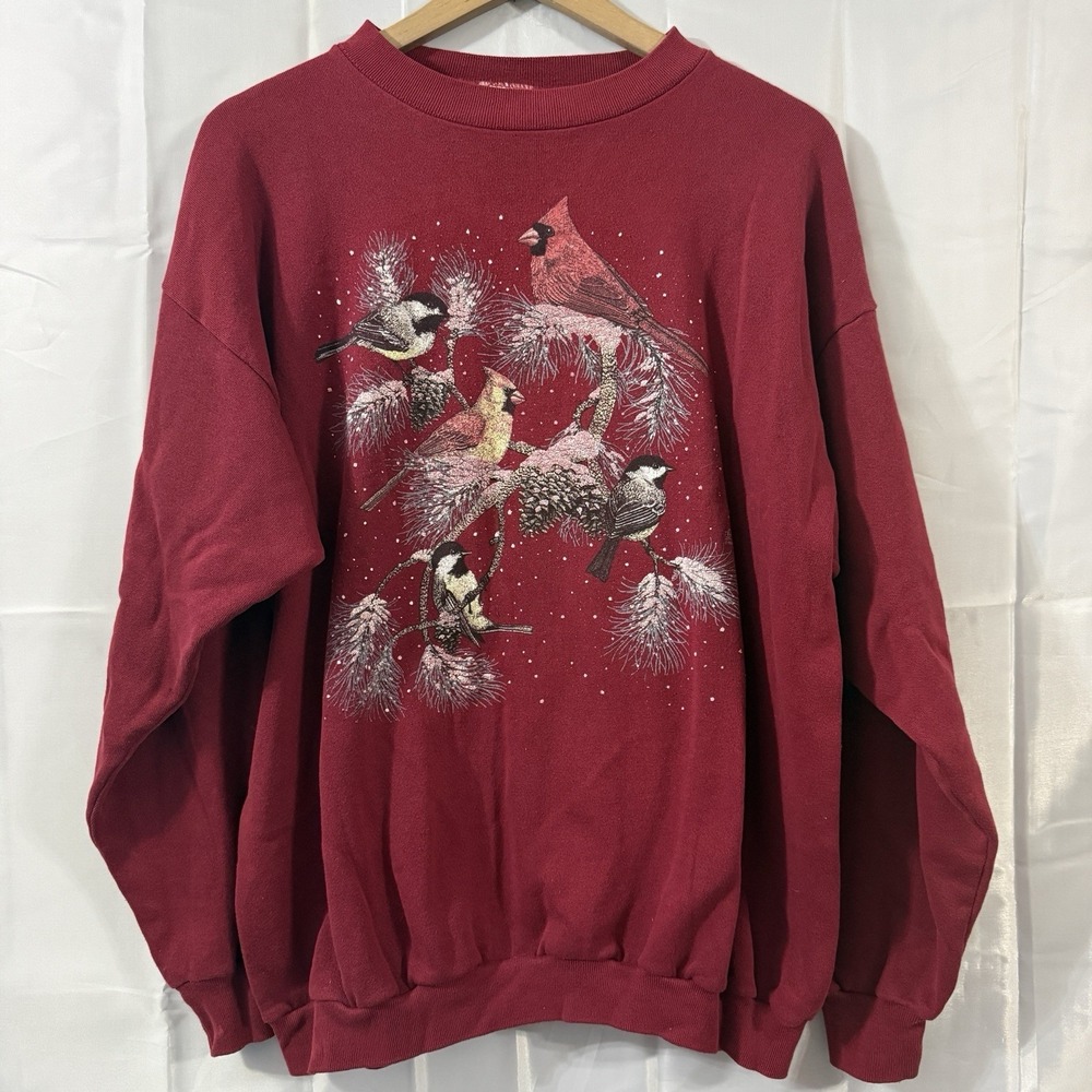 Vintage Cotton Grove‎ Sweatshirt Womens XL Crewneck Cardinal Bird Winter 90s USA